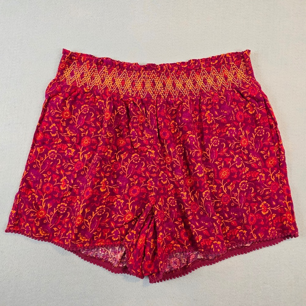 Matilda Jane Women XL Magenta Floral Smocked Waist Pom Pom Trim Cotton Shorts